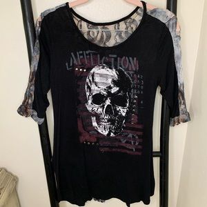 Affliction 3/4 sleeve lace graphic tee, size xs